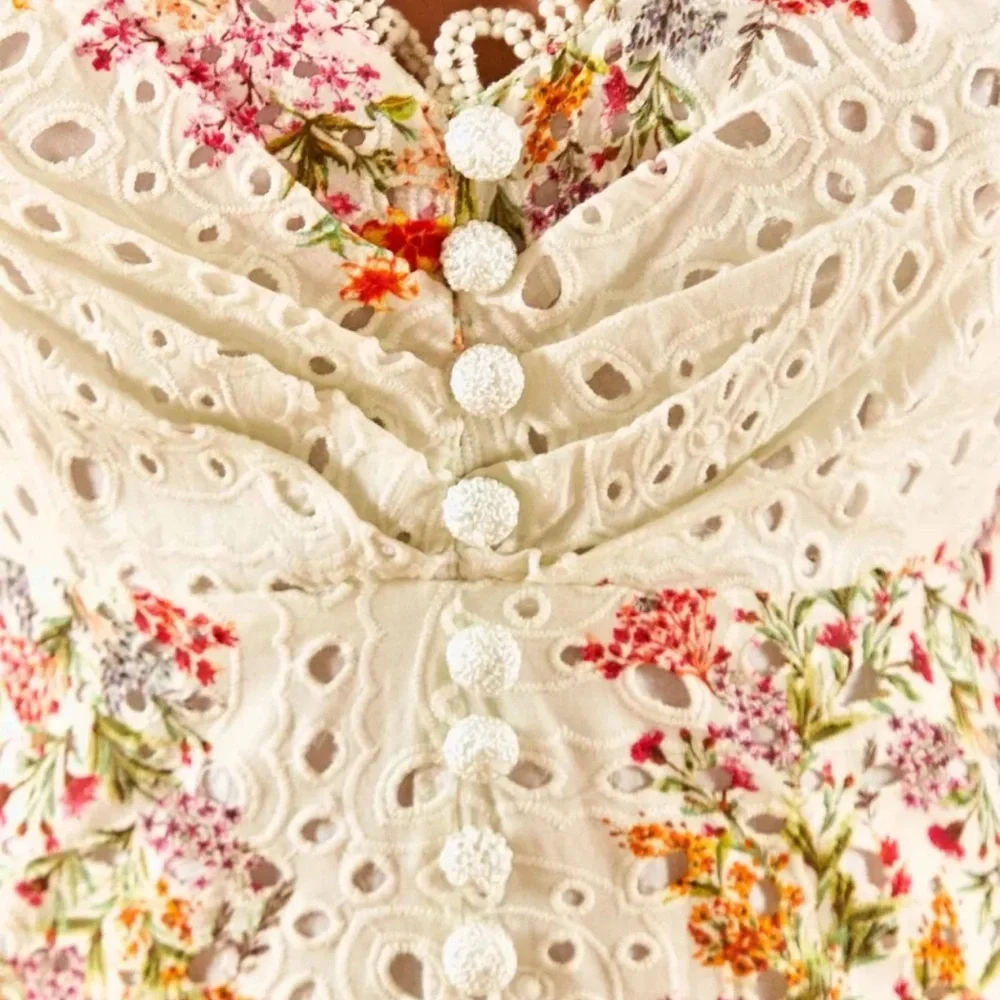 FARM RIO Delicate Forest Scarves Midi Dress XS Eyelet Lace Asymmetric Hi Low - Picture 6 of 14